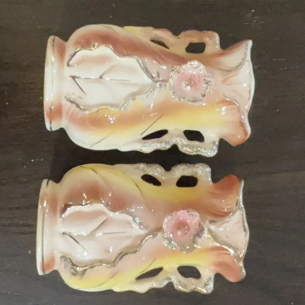 Set/2 Lipper Mann Floral Candle Holders Pink Yellow White Gold Ceramic Japan 3